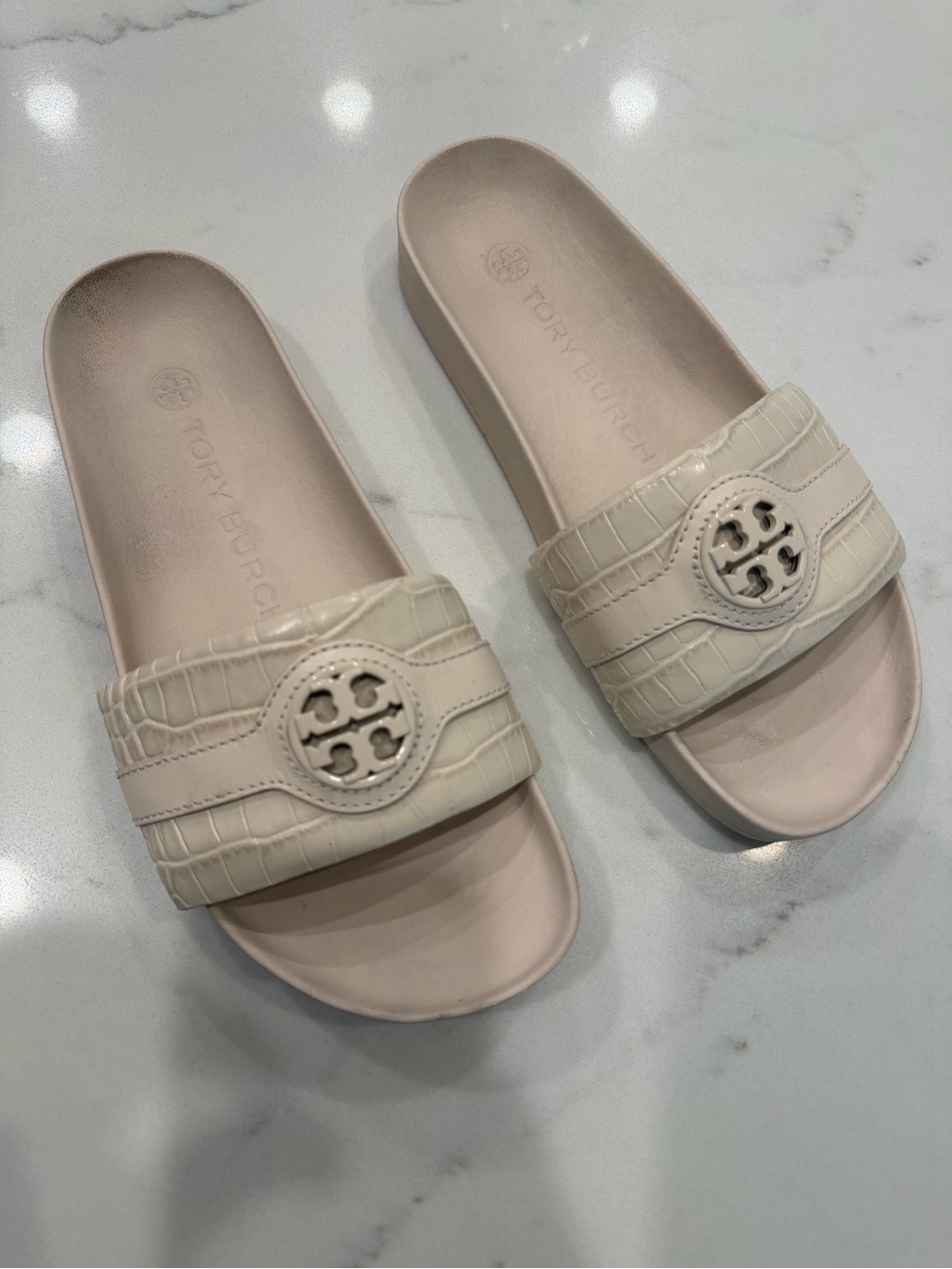 Tory Burch Cream Croc-Embossed Logo Slide Sandals